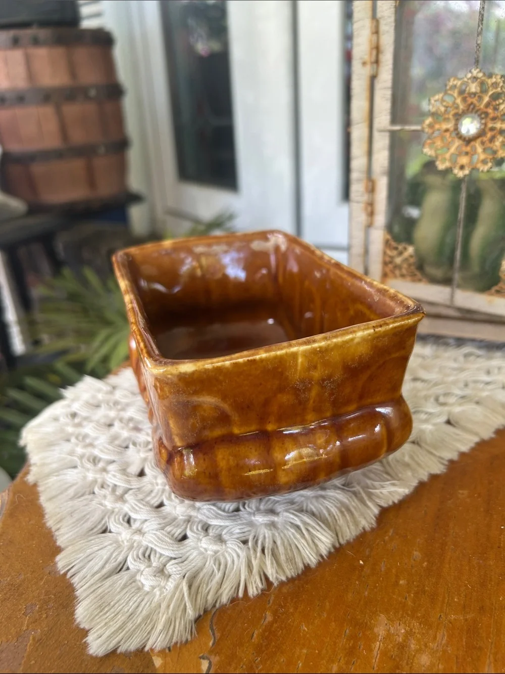 Vintage Amber Brown Drip Glazed Ceramic Planter